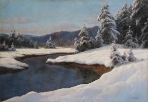 Fine Art Paintings: Carl Kenzler "Winter Landscape at the River" Зимний пейзаж картина. Original European Fine Art Paintings