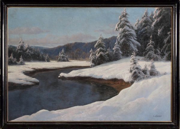Fine Art Paintings: Carl Kenzler "Winter Landscape at the River" Зимний пейзаж картина. Original European Fine Art Paintings